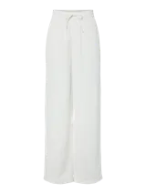 Pantalón blanco de tejido plano de algodón orgánico, corte ancho, tiro alto, largo hasta el tobillo, cintura elástica con cordón ajustable.