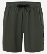 Bermuda de hombre color beige confeccionada en tejido ripstop, con cintura elástica ajustable con cordón, bolsillos laterales y etiqueta de la marca aplicada.