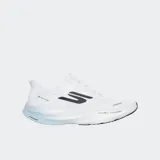 Championes de running Skechers Aero Spark, color blanco con detalles en negro y suela con degradado azul claro. Presentan un diseño aerodinámico con logo lateral en negro, placa H con infusión de carbono y amortiguación HYPER BURST ICE™.