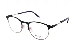 Armazones de gafas de metal en color negro y detalles en azul, con diseño elegante y moderno.