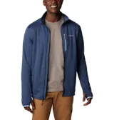 Campera polar Columbia Park View Fleece, color azul jaspeado, con cierre frontal completo, cuello alto, bolsillos laterales con cierre y bolsillo en el pecho con cierre vertical en color verde lima. Cuenta con tecnología Omni-Wick, puños elásticos con orificios para pulgares y protector de barbilla.