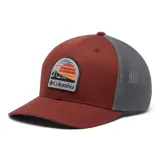 Gorra de béisbol Columbia color beige con paneles traseros de malla azul marino y logo de la marca bordado en el frente.