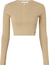 Sweater cárdigan cropped en color beige, con cierre de gancho y ojal, de punto de canalé elástico y bordado de Calvin Klein en el bajo.
