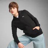 Campera deportiva Puma Ess Logo Full-Zip Hoodie TR, color negro, con cierre frontal completo, capucha con cordones ajustables, bolsillos laterales y logo estampado en el pecho.
