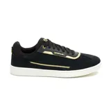 Zapatillas Caterpillar Pause Retro T-Toe de cuero gamuzado negro con detalles dorados y suela blanca.
