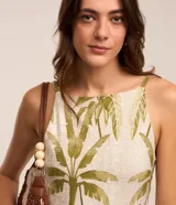 Vestido midi de viscosa con estampado de follaje, escote recto, breteles finos y espalda descubierta.