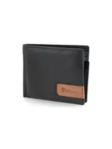 Billetera de cuero negra con detalle de cuero marrón en la esquina inferior derecha y logo de la marca. Cuenta con múltiples compartimentos para tarjetas y billetes.