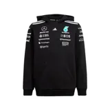 Buzo con capucha Adidas Motorsport del equipo Mercedes-AMG Petronas de Fórmula Uno, color negro con detalles en blanco y verde. Presenta logo del equipo en el frente y sponsor Petronas en la espalda.