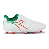 Championes de fútbol Diadora MD Force Pro, color blanco con detalles en verde y rojo.
