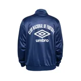 Campera deportiva azul marino con detalles en rojo y blanco, con cierre frontal, cuello alto y puños elásticos. Logo de Umbro bordado en el pecho izquierdo y escudo del Club Nacional de Football en el pecho derecho.