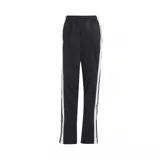 Pantalón deportivo negro con cintura elástica, corte recto y botones a presión laterales con las tres tiras blancas características de Adidas.