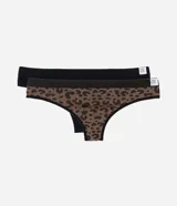 Kit de dos bombachas bikini hilo seamless, una lisa negra y otra con estampado animal print de leopardo en tonos marrones.