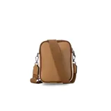 Phonebag color mostaza con bolsillo frontal con cierre, espacio para celular y billetera con repartición. Tiene una correa gruesa de galón regulable y desmontable. Detalles en marrón y beige.