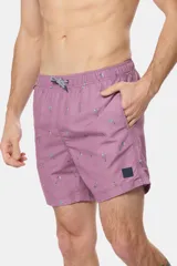 Short de baño clásico azul con estampado de palmeras, con cintura elástica y cordón regulable, dos bolsillos laterales y suspensor de malla fina.