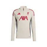 Camiseta de fútbol Adidas del Liverpool FC, modelo Tiro 25. Color crema con detalles en rojo y negro. Cuello alto con cierre de cremallera, mangas largas con puños con abertura para el pulgar, escudo del club termotransferido y tecnología Aeroready.