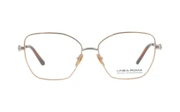 Armazón de anteojos Linea Roma modelo 118, con marco dorado y plateado, y patillas marrones.