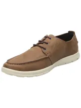 Zapato náutico casual de cuero azul marino con cordones, suela de goma color crema y plantilla calada.