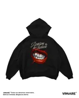 Canguro negro oversize de algodón con capucha y estampado en la espalda de labios rojos con dientes brillantes y la frase "Reason to Believe".