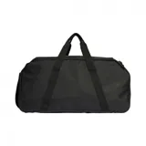 Bolso deportivo Adidas Tiro L Duffle, color negro con logo blanco, con doble asa de mano y correa ajustable para el hombro. Incluye compartimento principal con cierre, bolsillo lateral con cierre y bolsillo interior. Ideal para transportar ropa y calzado deportivo.