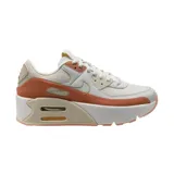Championes Nike Air Max 90 LV8 de mujer, color blanco, naranja y beige, con suela alta. Diseño clásico con detalles modernos y plataforma elevada.