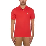 Polo de piqué rojo con cuello clásico, tapeta de dos botones y logo de pingüino bordado en el pecho.