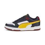 Championes Puma RBD Game Low, color azul marino con detalles en blanco, amarillo y rojo.
