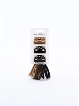 Set de accesorios para el cabello que incluye tres pinzas pequeñas de color marrón en diferentes tonos y ocho coleros elásticos en colores marrón y negro.