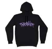 Canguro negro con capucha y cordones ajustables, con logo Thrasher Thorns estampado en el pecho en color violeta.