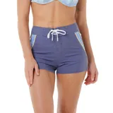 Short de baño azul con paneles laterales en celeste y ribete amarillo. Tiene cordón de ajuste blanco en la cintura.