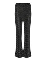 Pantalón negro con lurex plateado, tiro alto y corte bootcut.
