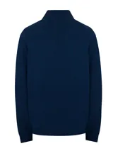 Sweater color beige de cuello alto con medio cierre, confeccionado en hilado italiano que combina lana extrafina y cashmere.