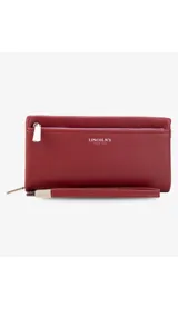 Billetera de mujer color verde oliva, con textura símil cuero, cierre principal y bolsillo monedero con cierre al frente. Incluye correa de mano desmontable y tarjeteros internos.