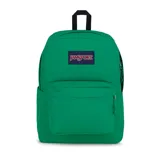 Mochila Jansport modelo Superbreak, color verde brillante, con un compartimento principal amplio y un bolsillo frontal con cierre. Cuenta con asa superior para colgar.