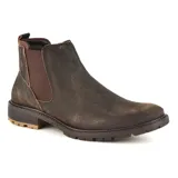 Bota Chelsea de cuero marrón con elástico lateral y suela de goma.