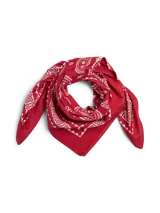 Pañuelo cuadrado de algodón rojo con estampado de cachemira en blanco.
