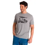 Remera gris con estampa de un vehículo antiguo y el número 77.