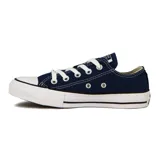 Championes Converse Chuck Taylor All Star de lona color azul marino con cordones blancos y suela de goma blanca con línea negra.