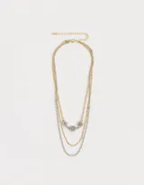 Collar corto multicadena con strass, eslabones y margaritas de metal.