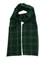 Bufanda larga de lana color verde oscuro con diseño a cuadros en tonos de verde más claro.