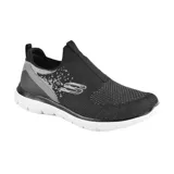 Zapatilla deportiva Skechers Summits Daily Flourish, color negro con detalles en gris y blanco. Capellada de tejido de punto suave, plantilla Air Cooled Memory Foam y entresuela flexible.