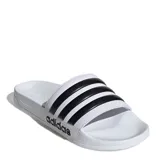 Chanclas Adidas Adilette Shower blancas con tres tiras negras y logo Adidas en el lateral. Con amortiguación Cloudfoam.