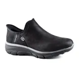 Botín negro Skechers Hands Free Slip-ins Relaxed Fit: Easy Going - Modern Hour, con capellada de cuero vegano tratado con 3M Scotchgard, forro de piel sintética, plantilla Skechers Air-Cooled Memory Foam y Heel Pillow.