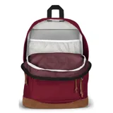 Mochila JanSport Right Pack color borgoña con base de gamuza marrón, logo de la marca en el frente y compartimento interno para laptop.