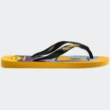 Ojotas Havaianas con estampado de los Simpsons, con base amarilla y celeste, y tiras negras.