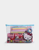 Set de librería con diseño de Hello Kitty, incluye: cartuchera retro, cuaderno A5 estampado, regla, goma de borrar, 6 lapiceras retráctiles, 2 lápices con goma.