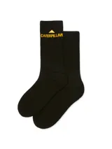 Par de calcetines negros Caterpillar con logo y nombre de la marca en amarillo.