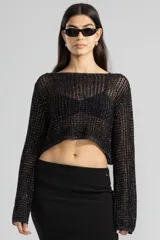 Sweater corto de tejido de punto calado color negro con lurex plateado, escote amplio y mangas largas.