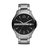 Reloj Armani Exchange con caja y pulsera de acero plateado, esfera negra con patrón texturizado, agujas plateadas luminiscentes, índices lineales, logo AX a las 12 y fechador a las 3.