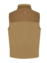 Chaleco beige con diseño de mitad sherpa y mitad cotelé, cuello alto y cierre frontal con cremallera. Incluye tres bolsillos con cremallera y un bolsillo con botón.