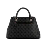 Cartera Guess modelo Evelune mediana, color negro con estampado del logo de la marca. Tiene doble asa de mano, correa bandolera desmontable y herrajes dorados.